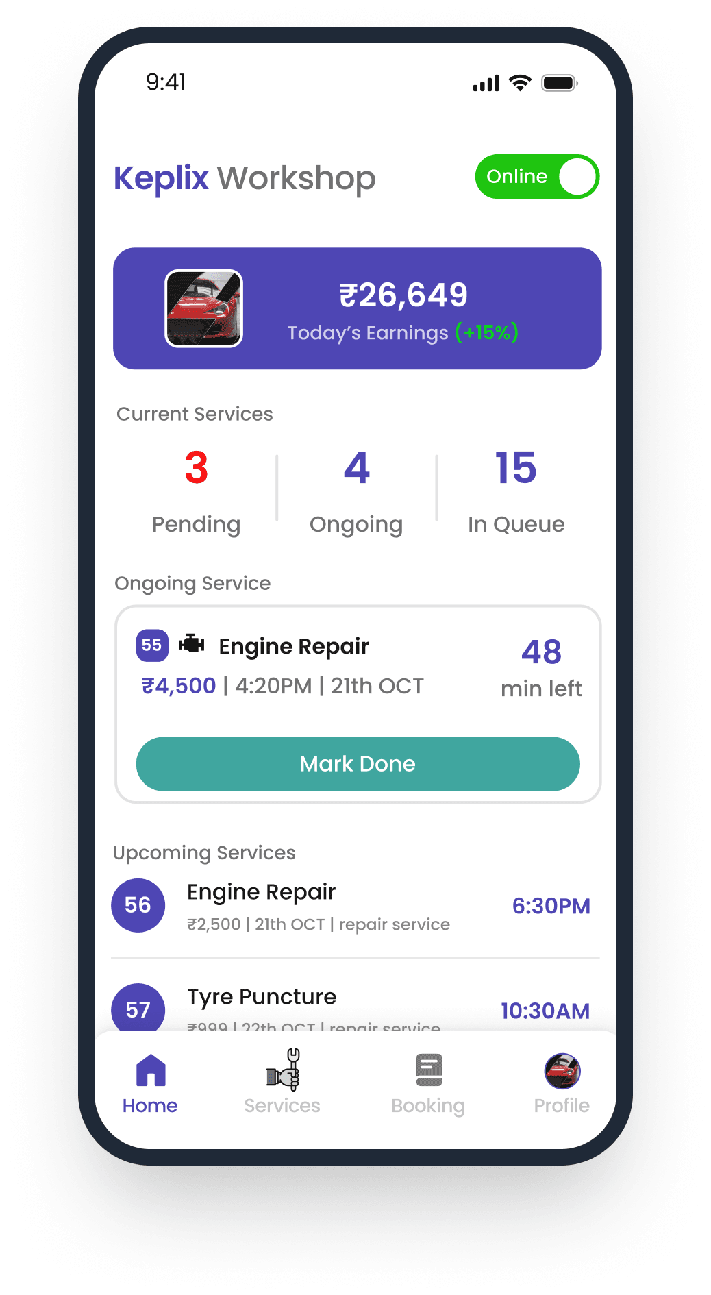 Keplix Garage Partner app dashboard